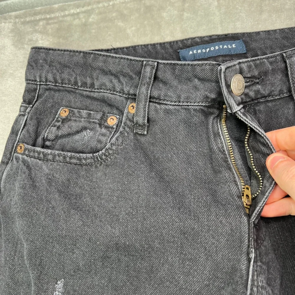 Aeropostale Low Rise Baggy Jeans Women 6R Black Distressed Ripped Denim Wide Leg